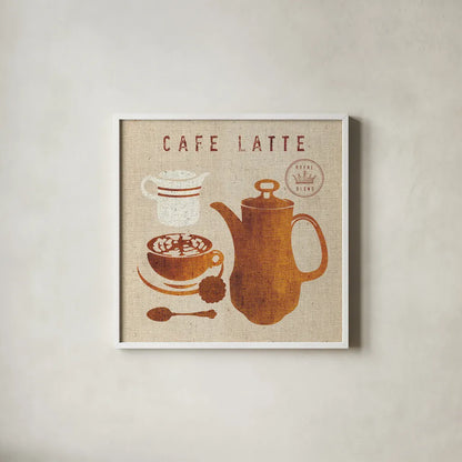 Latte on Linen by Wild Apple Portfolio. Shown in a crisp white glass frame for a clean and minimalist style. Available as an archival giclee rolled canvas, fine art paper, or poster print. SKU 39918a.