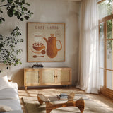 Latte on Linen by Wild Apple Portfolio. Shown in a natural wood frame in a cozy modern living room. Available as an archival giclee rolled canvas, fine art paper, or poster print. SKU 39918a.