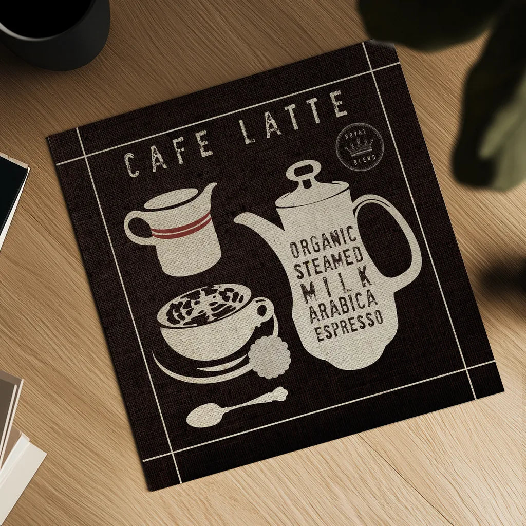 Latte on Linen Black by Wild Apple Portfolio. Shown as a detailed flat fine art print, highlighting archival giclee quality. Available as an archival giclee rolled canvas, fine art paper, or poster print. SKU 39915a.