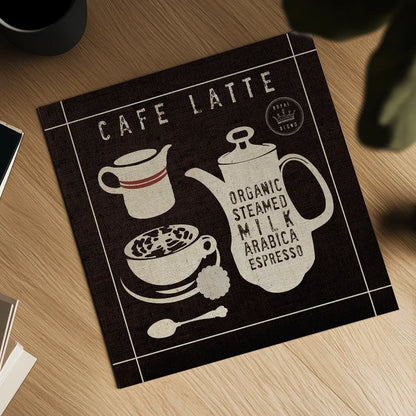 Latte on Linen Black by Wild Apple Portfolio. Shown as a detailed flat fine art print, highlighting archival giclee quality. Available as an archival giclee rolled canvas, fine art paper, or poster print. SKU 39915a.