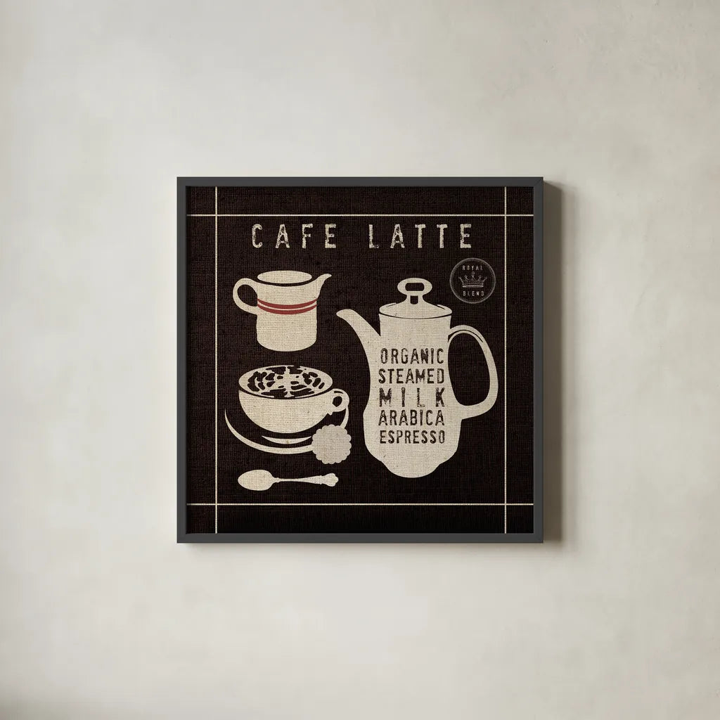 Latte on Linen Black by Wild Apple Portfolio. Shown in a sleek black glass frame for a contemporary gallery look. Available as an archival giclee rolled canvas, fine art paper, or poster print. SKU 39915a.