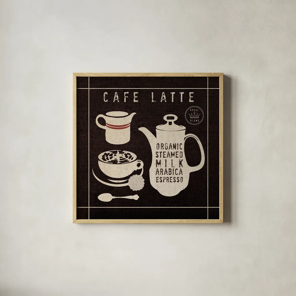 Latte on Linen Black by Wild Apple Portfolio. Shown in a natural wood glass frame for a timeless modern aesthetic. Available as an archival giclee rolled canvas, fine art paper, or poster print. SKU 39915a.