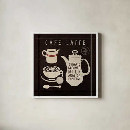 Latte on Linen Black by Wild Apple Portfolio. Shown in a crisp white glass frame for a clean and minimalist style. Available as an archival giclee rolled canvas, fine art paper, or poster print. SKU 39915a.