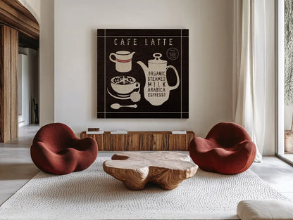 Latte on Linen Black by Wild Apple Portfolio. Shown as extra-large giant wall art in a modern living room. Available as an archival giclee rolled canvas, fine art paper, or poster print. SKU 39915a.