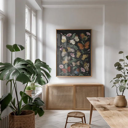 Le Jardin des Plantes Black by Wild Apple Portfolio. shown as a print in a natural wood frame in a dining room. Available as a archival giclee rolled canvas, fine art paper, or poster print. SKU 88629h.