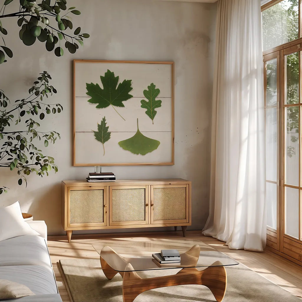 Leaf Chart II Shiplap by Wild Apple Portfolio. Shown in a natural wood frame in a cozy modern living room. Available as an archival giclee rolled canvas, fine art paper, or poster print. SKU 46605a.