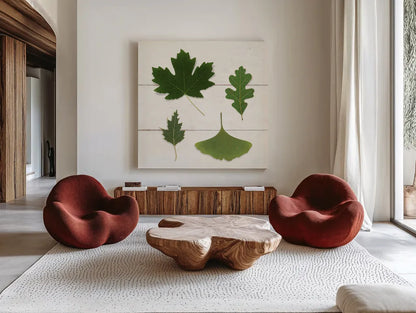 Leaf Chart II Shiplap by Wild Apple Portfolio. Shown as extra-large giant wall art in a modern living room. Available as an archival giclee rolled canvas, fine art paper, or poster print. SKU 46605a.