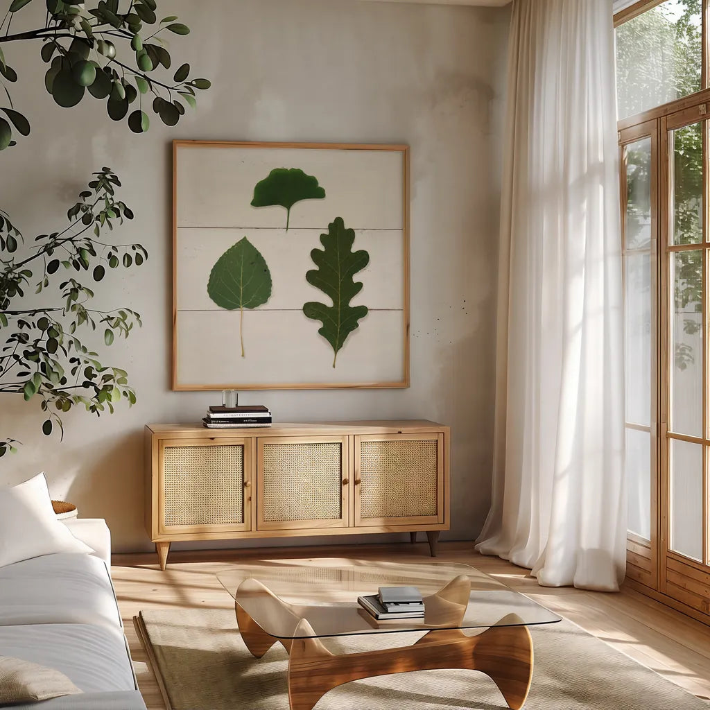 Leaf Chart III Shiplap by Wild Apple Portfolio. Shown in a natural wood frame in a cozy modern living room. Available as an archival giclee rolled canvas, fine art paper, or poster print. SKU 46606a.