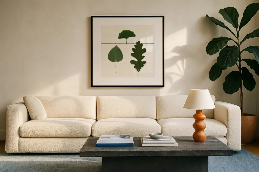 Leaf Chart III Shiplap by Wild Apple Portfolio. Displayed in a glass frame with matte in a clean modern living room. Available as an archival giclee rolled canvas, fine art paper, or poster print. SKU 46606a.