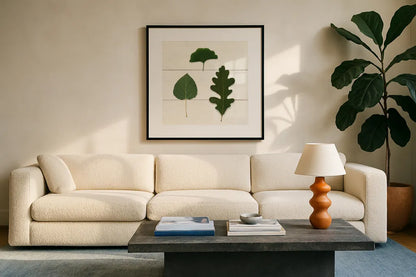 Leaf Chart III Shiplap by Wild Apple Portfolio. Displayed in a glass frame with matte in a clean modern living room. Available as an archival giclee rolled canvas, fine art paper, or poster print. SKU 46606a.