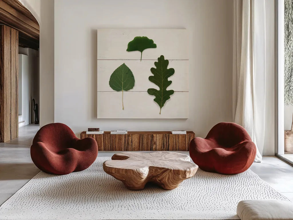 Leaf Chart III Shiplap by Wild Apple Portfolio. Shown as extra-large giant wall art in a modern living room. Available as an archival giclee rolled canvas, fine art paper, or poster print. SKU 46606a.