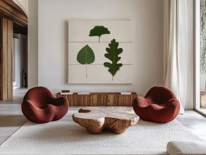 Leaf Chart III Shiplap by Wild Apple Portfolio. Shown as extra-large giant wall art in a modern living room. Available as an archival giclee rolled canvas, fine art paper, or poster print. SKU 46606a.
