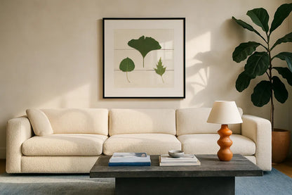Leaf Chart IV Shiplap by Wild Apple Portfolio. Displayed in a glass frame with matte in a clean modern living room. Available as an archival giclee rolled canvas, fine art paper, or poster print. SKU 46607a.
