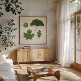 Leaf Chart V Shiplap by Wild Apple Portfolio. Shown in a natural wood frame in a cozy modern living room. Available as an archival giclee rolled canvas, fine art paper, or poster print. SKU 46608a.