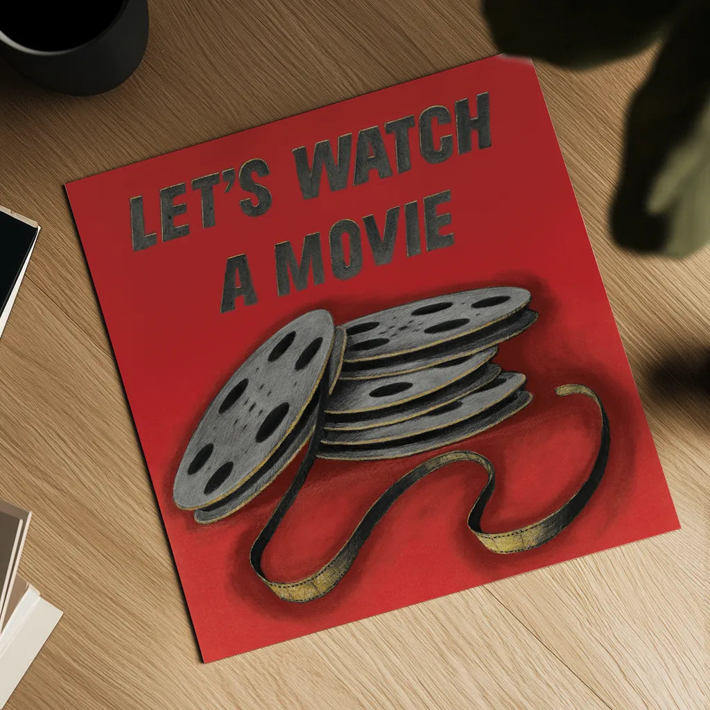 Lets Watch a Movie Red by Wild Apple Portfolio. Shown as a detailed flat fine art print, highlighting archival giclee quality. Available as an archival giclee rolled canvas, fine art paper, or poster print. SKU 52830a.