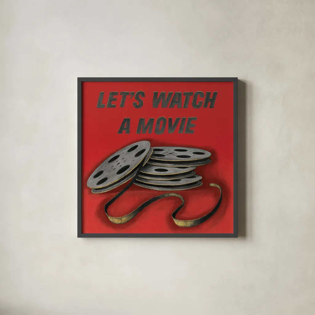 Lets Watch a Movie Red by Wild Apple Portfolio. Shown in a sleek black glass frame for a contemporary gallery look. Available as an archival giclee rolled canvas, fine art paper, or poster print. SKU 52830a.