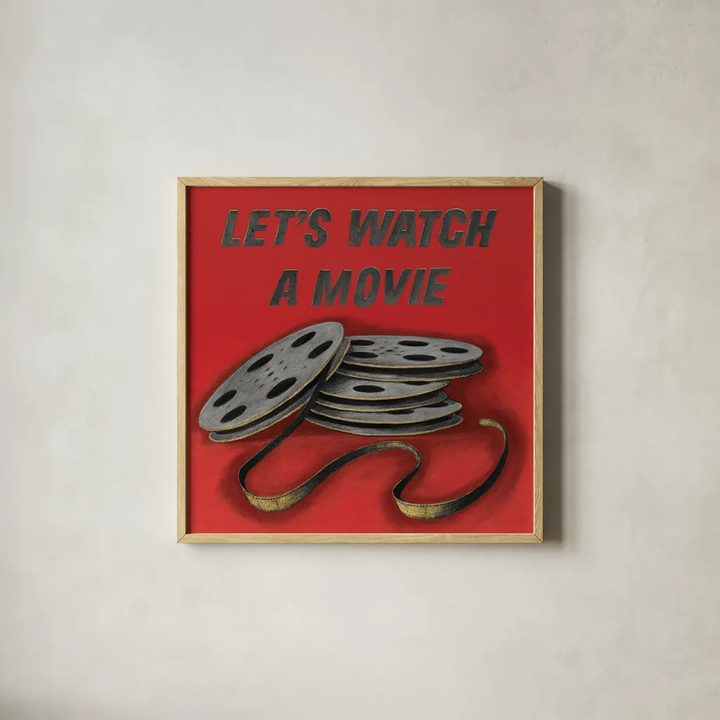 Lets Watch a Movie Red by Wild Apple Portfolio. Shown in a natural wood glass frame for a timeless modern aesthetic. Available as an archival giclee rolled canvas, fine art paper, or poster print. SKU 52830a.