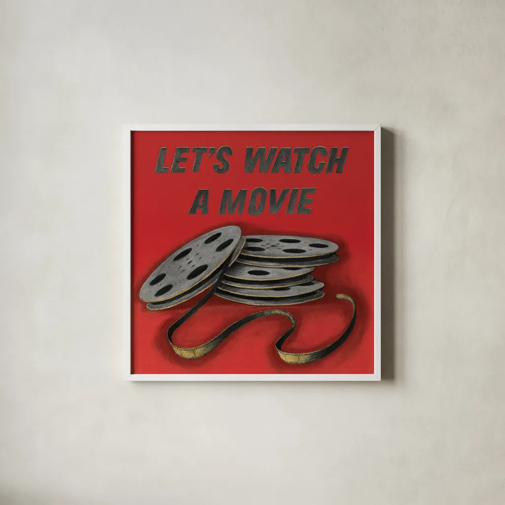 Lets Watch a Movie Red by Wild Apple Portfolio. Shown in a crisp white glass frame for a clean and minimalist style. Available as an archival giclee rolled canvas, fine art paper, or poster print. SKU 52830a.