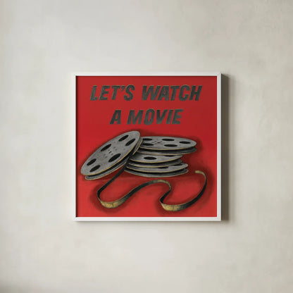 Lets Watch a Movie Red by Wild Apple Portfolio. Shown in a crisp white glass frame for a clean and minimalist style. Available as an archival giclee rolled canvas, fine art paper, or poster print. SKU 52830a.