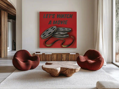 Lets Watch a Movie Red by Wild Apple Portfolio. Shown as extra-large giant wall art in a modern living room. Available as an archival giclee rolled canvas, fine art paper, or poster print. SKU 52830a.