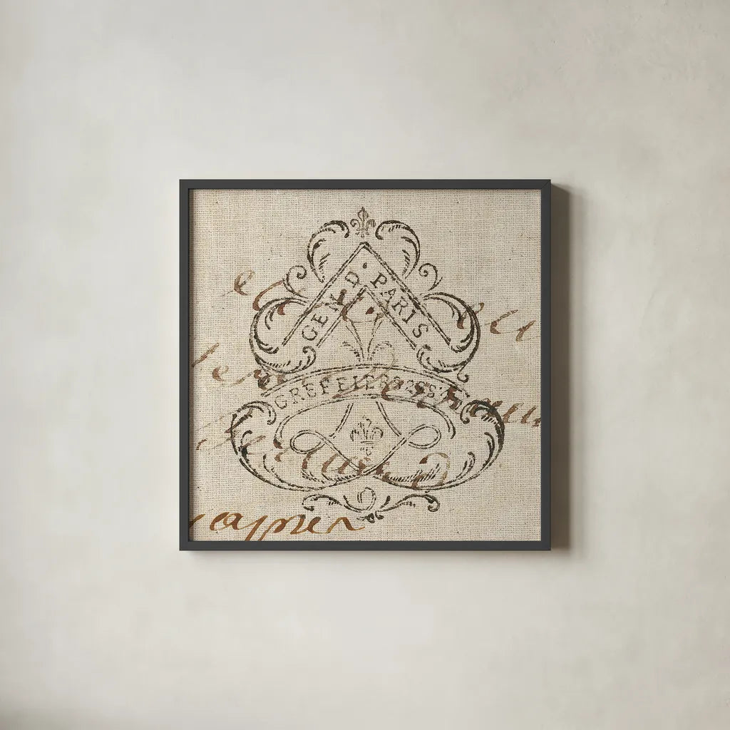 Letter Crest III by Wild Apple Portfolio. Shown in a sleek black glass frame for a contemporary gallery look. Available as an archival giclee rolled canvas, fine art paper, or poster print. SKU 12963a.