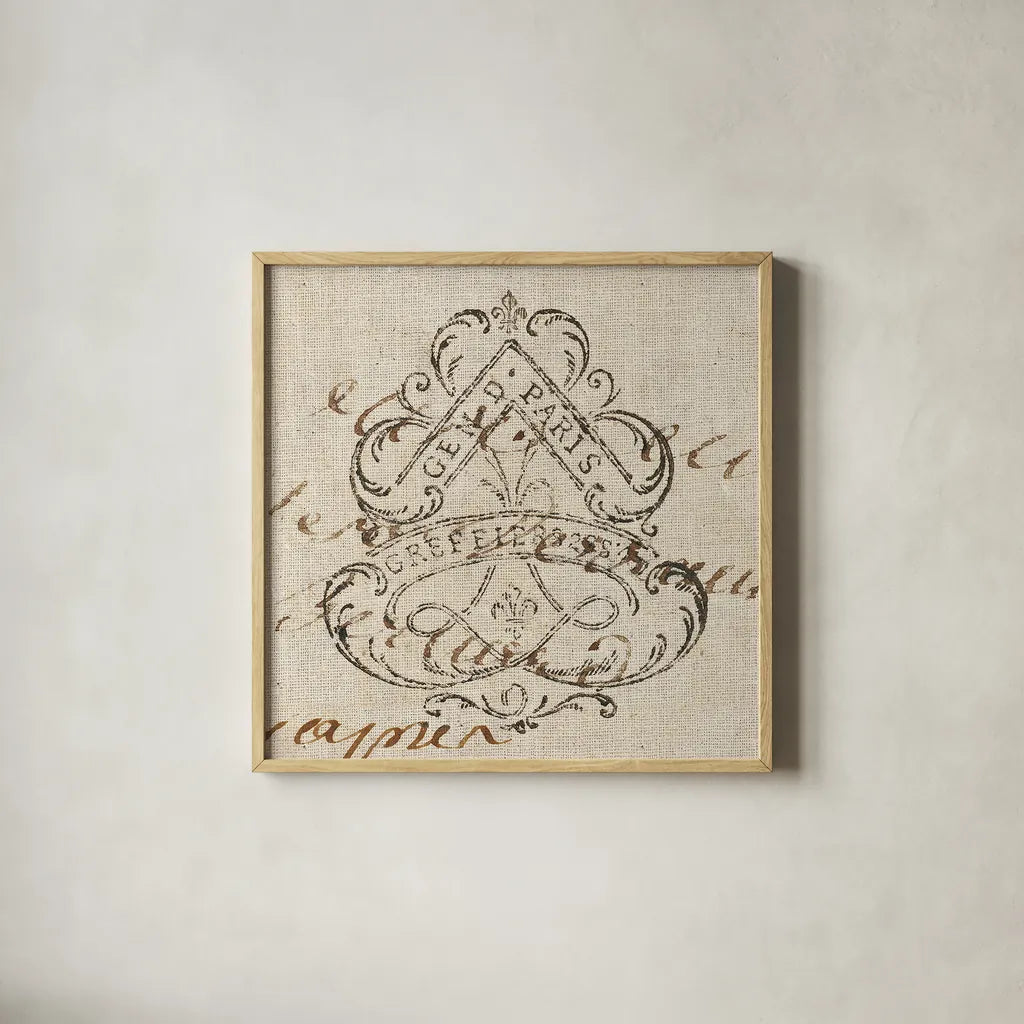 Letter Crest III by Wild Apple Portfolio. Shown in a natural wood glass frame for a timeless modern aesthetic. Available as an archival giclee rolled canvas, fine art paper, or poster print. SKU 12963a.