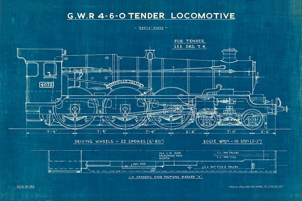 Locomotive Blueprint I by Wild Apple Portfolio. SKU 53885i. Archival Giclee Fine art print for wall decor.