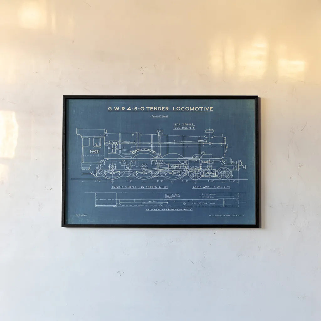 Locomotive Blueprint I by Wild Apple Portfolio. shown as a paper print in a black flame. Available as a archival giclee rolled canvas, fine art paper, or poster print. SKU 53885i.