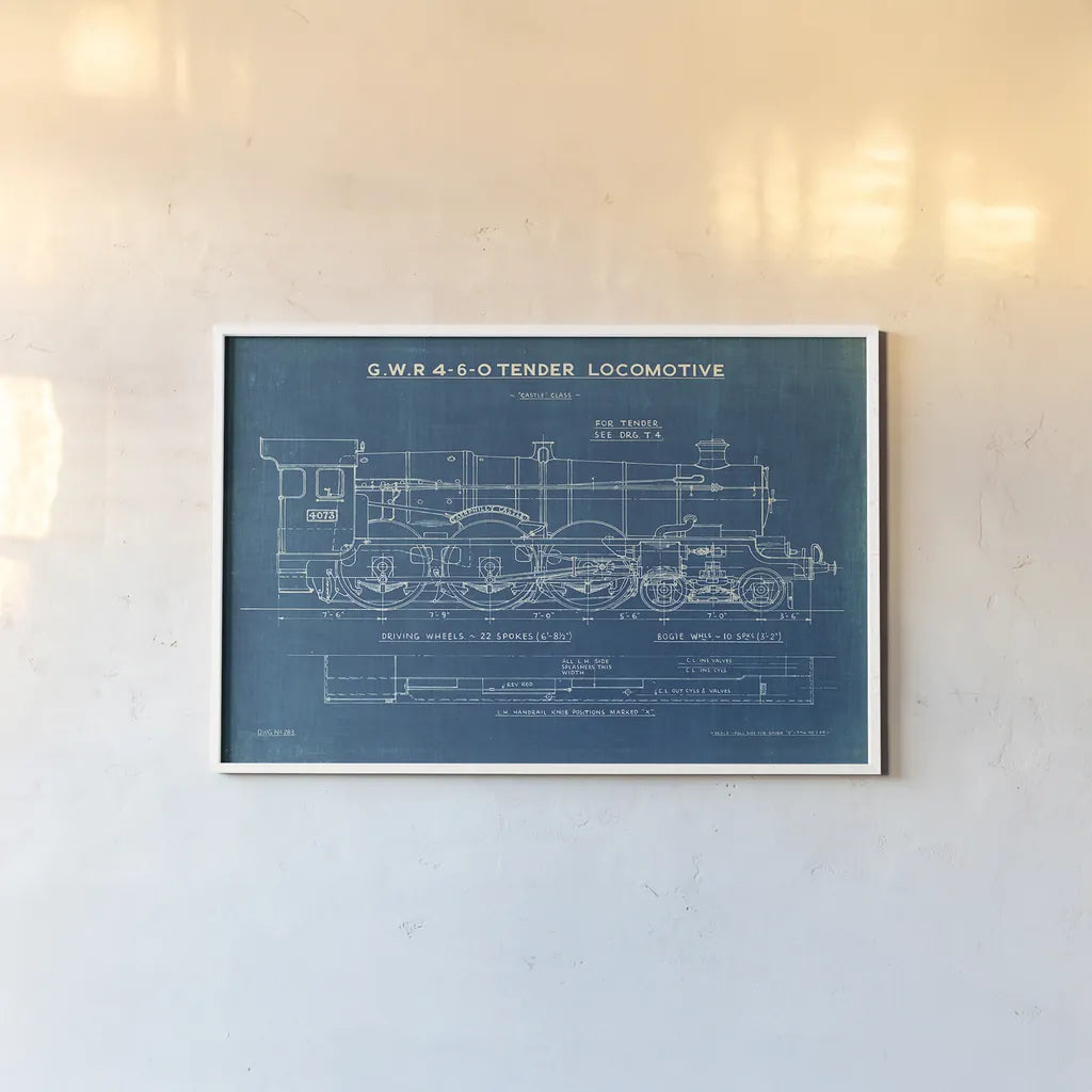 Locomotive Blueprint I by Wild Apple Portfolio. shown as a paper print in a white frame. Available as a archival giclee rolled canvas, fine art paper, or poster print. SKU 53885i.