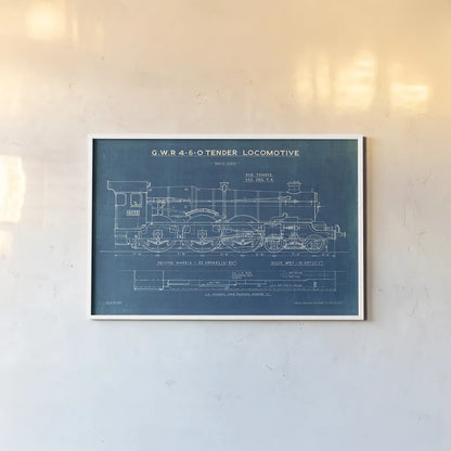 Locomotive Blueprint I by Wild Apple Portfolio. shown as a paper print in a white frame. Available as a archival giclee rolled canvas, fine art paper, or poster print. SKU 53885i.