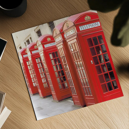 London Phoneboxes by Wild Apple Portfolio. Shown as a detailed flat fine art print, highlighting archival giclee quality. Available as an archival giclee rolled canvas, fine art paper, or poster print. SKU 73353a.