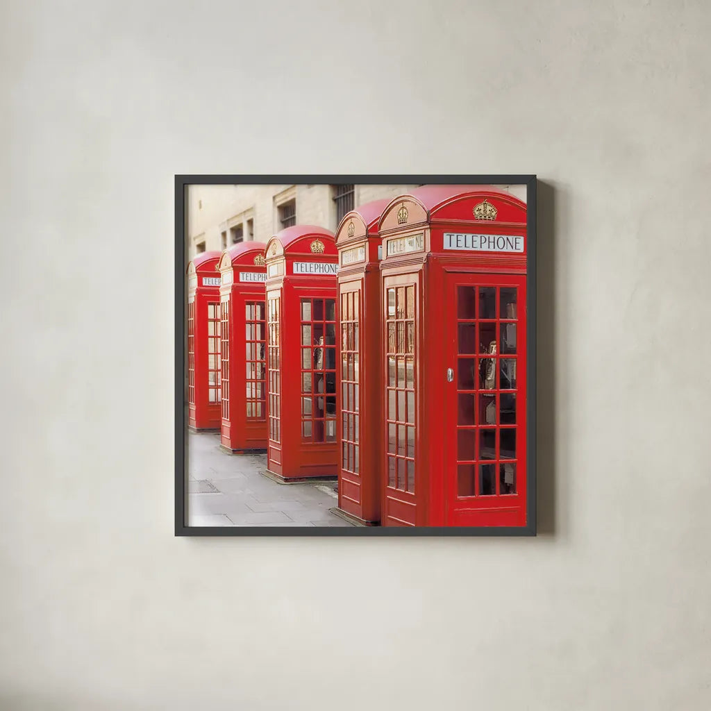 London Phoneboxes by Wild Apple Portfolio. Shown in a sleek black glass frame for a contemporary gallery look. Available as an archival giclee rolled canvas, fine art paper, or poster print. SKU 73353a.