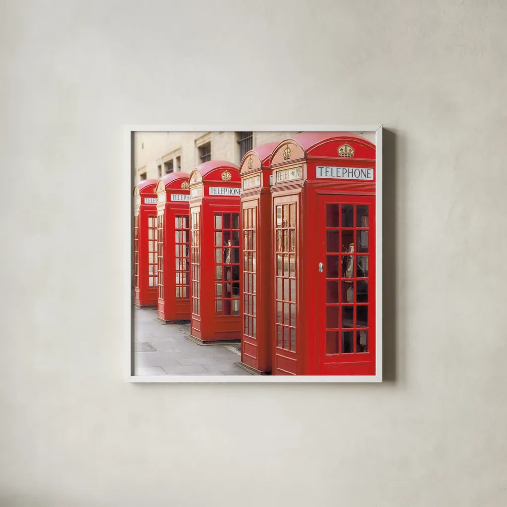 London Phoneboxes by Wild Apple Portfolio. Shown in a crisp white glass frame for a clean and minimalist style. Available as an archival giclee rolled canvas, fine art paper, or poster print. SKU 73353a.