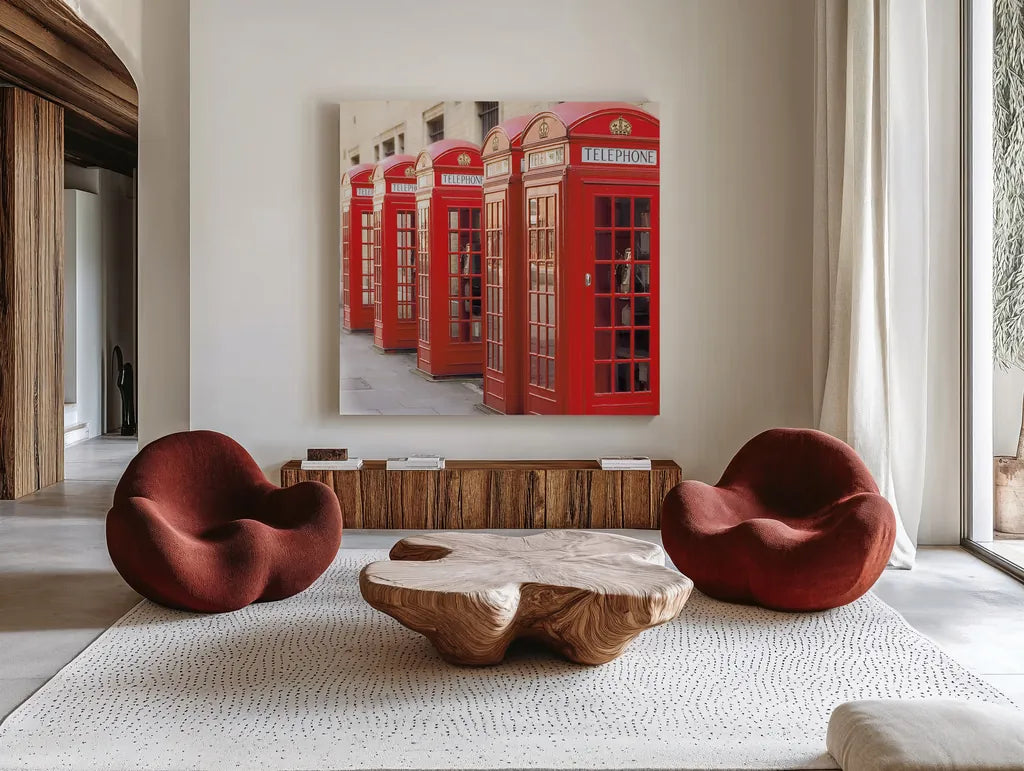 London Phoneboxes by Wild Apple Portfolio. Shown as extra-large giant wall art in a modern living room. Available as an archival giclee rolled canvas, fine art paper, or poster print. SKU 73353a.