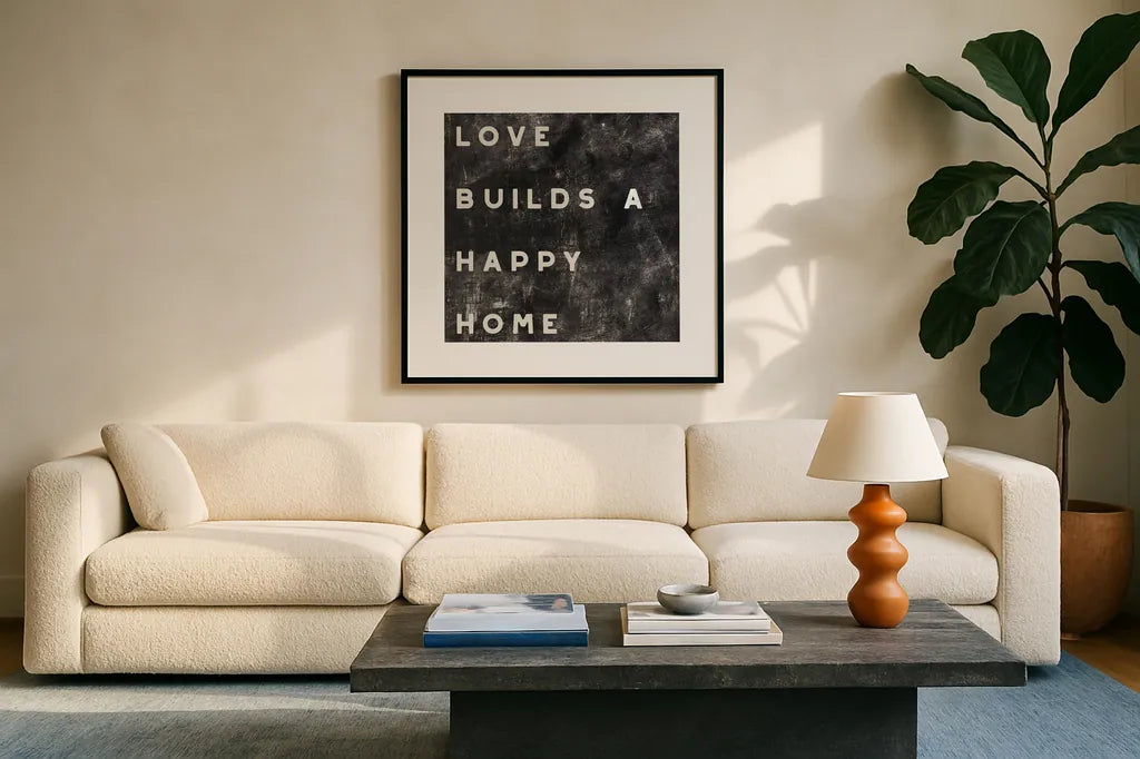 Lovely Home I Distressed by Wild Apple Portfolio. Displayed in a glass frame with matte in a clean modern living room. Available as an archival giclee rolled canvas, fine art paper, or poster print. SKU 62472a.
