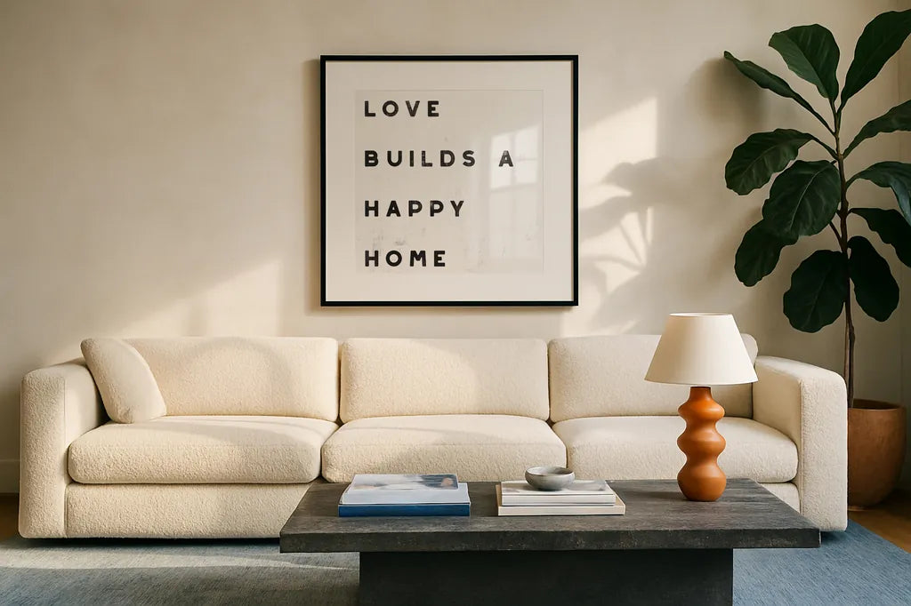 Lovely Home I White by Wild Apple Portfolio. Displayed in a glass frame with matte in a clean modern living room. Available as an archival giclee rolled canvas, fine art paper, or poster print. SKU 59023a.