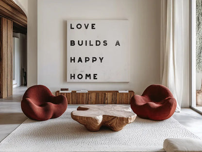 Lovely Home I White by Wild Apple Portfolio. Shown as extra-large giant wall art in a modern living room. Available as an archival giclee rolled canvas, fine art paper, or poster print. SKU 59023a.
