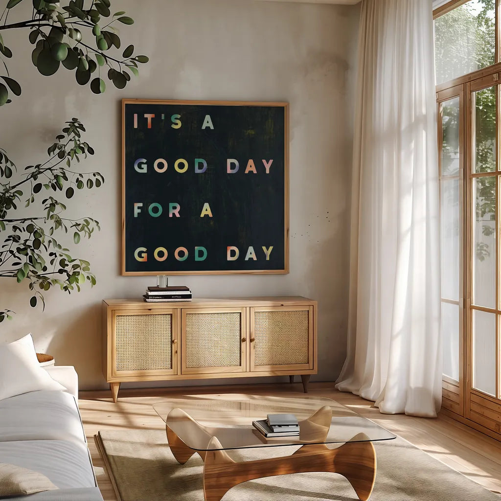 Lovely Home II Colorful by Wild Apple Portfolio. Shown in a natural wood frame in a cozy modern living room. Available as an archival giclee rolled canvas, fine art paper, or poster print. SKU 77926a.