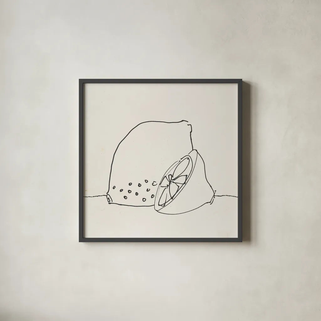 Lovely Lemons I by Wild Apple Portfolio. Shown in a sleek black glass frame for a contemporary gallery look. Available as an archival giclee rolled canvas, fine art paper, or poster print. SKU 71997a.