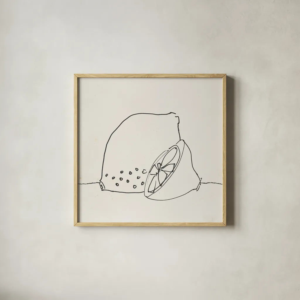 Lovely Lemons I by Wild Apple Portfolio. Shown in a natural wood glass frame for a timeless modern aesthetic. Available as an archival giclee rolled canvas, fine art paper, or poster print. SKU 71997a.