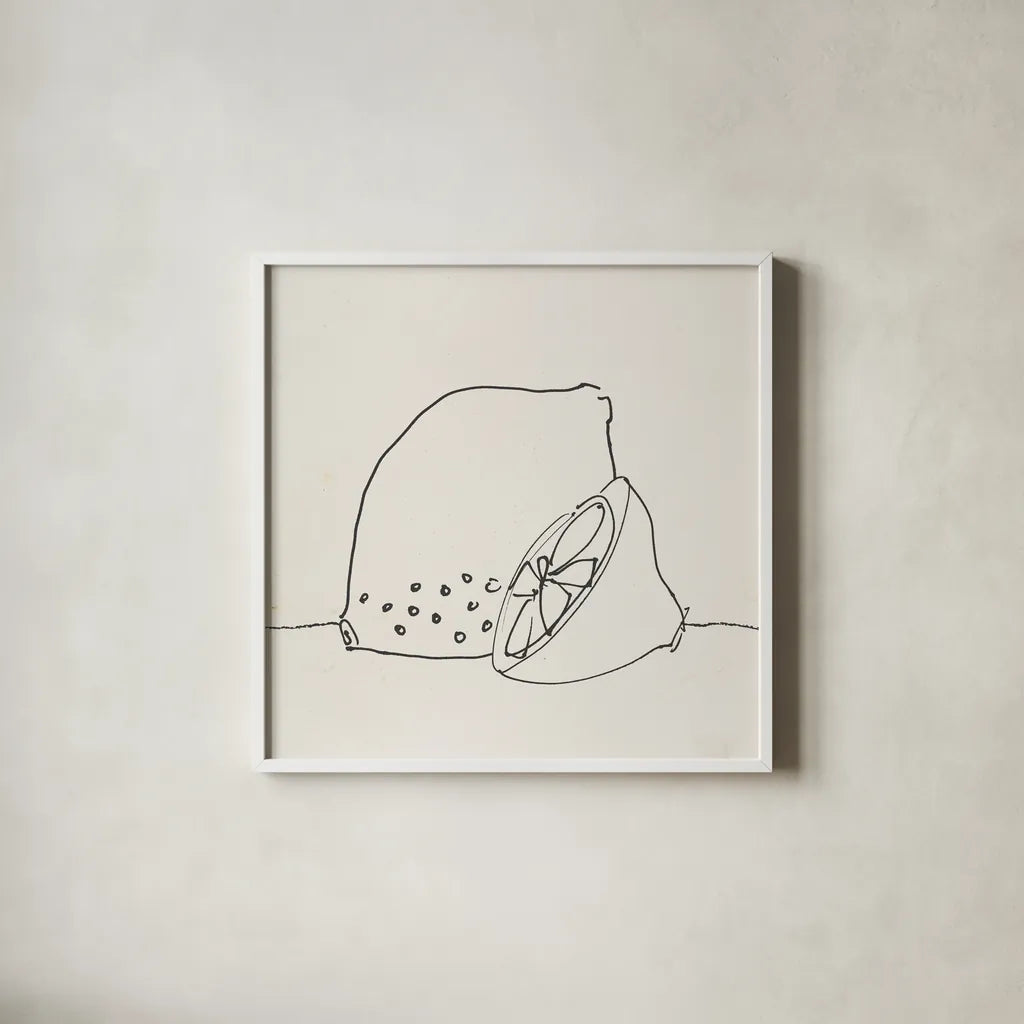 Lovely Lemons I by Wild Apple Portfolio. Shown in a crisp white glass frame for a clean and minimalist style. Available as an archival giclee rolled canvas, fine art paper, or poster print. SKU 71997a.