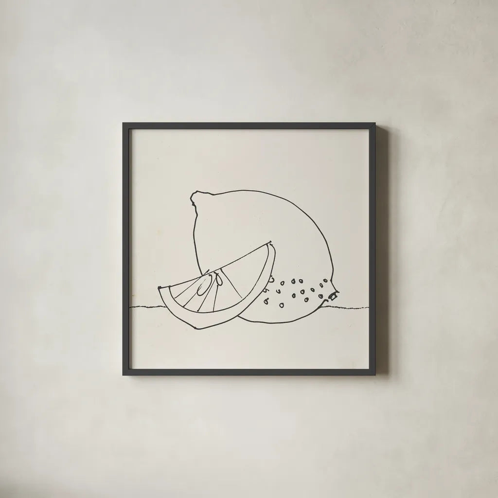 Lovely Lemons II by Wild Apple Portfolio. Shown in a sleek black glass frame for a contemporary gallery look. Available as an archival giclee rolled canvas, fine art paper, or poster print. SKU 71998a.