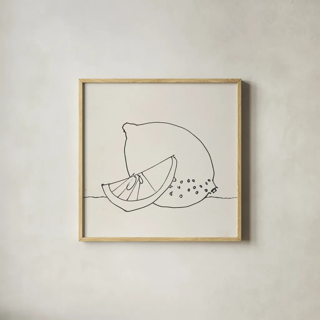 Lovely Lemons II by Wild Apple Portfolio. Shown in a natural wood glass frame for a timeless modern aesthetic. Available as an archival giclee rolled canvas, fine art paper, or poster print. SKU 71998a.