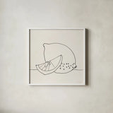 Lovely Lemons II by Wild Apple Portfolio. Shown in a crisp white glass frame for a clean and minimalist style. Available as an archival giclee rolled canvas, fine art paper, or poster print. SKU 71998a.