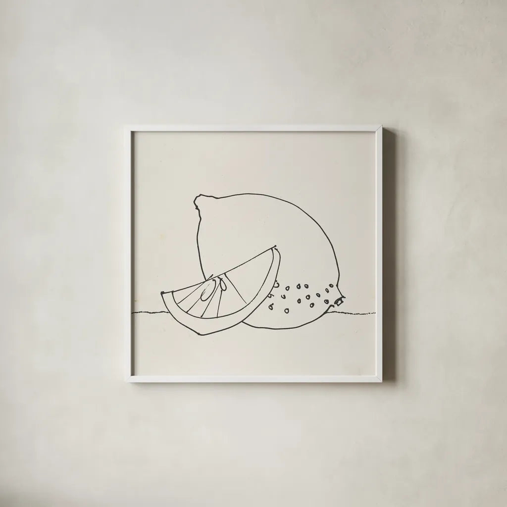 Lovely Lemons II by Wild Apple Portfolio. Shown in a crisp white glass frame for a clean and minimalist style. Available as an archival giclee rolled canvas, fine art paper, or poster print. SKU 71998a.