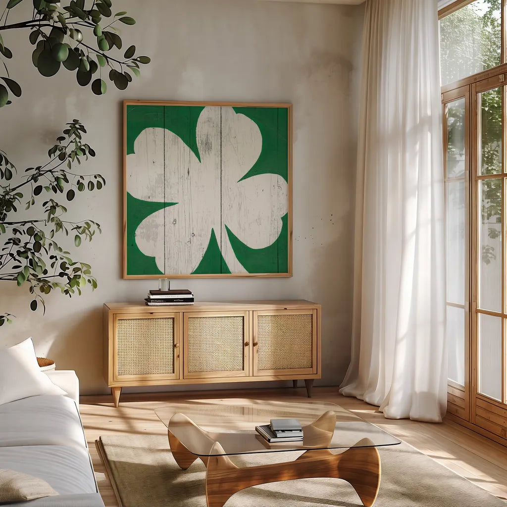 Luck of the Irish I by Wild Apple Portfolio. Shown in a natural wood frame in a cozy modern living room. Available as an archival giclee rolled canvas, fine art paper, or poster print. SKU 49953a.