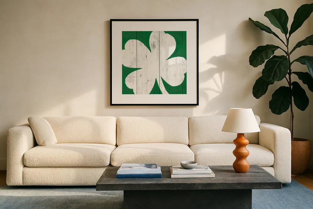 Luck of the Irish I by Wild Apple Portfolio. Displayed in a glass frame with matte in a clean modern living room. Available as an archival giclee rolled canvas, fine art paper, or poster print. SKU 49953a.