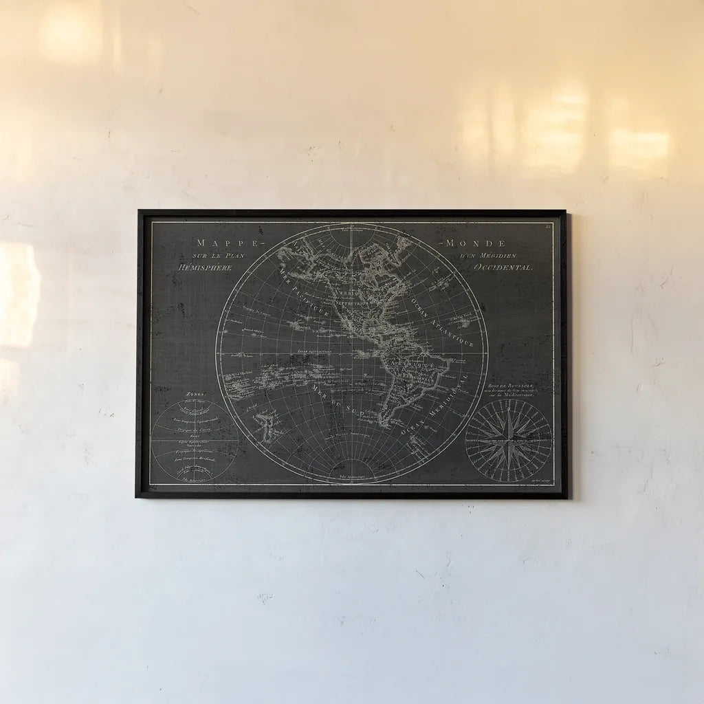Mappemonde Etching by Wild Apple Portfolio. shown as a paper print in a black flame. Available as a archival giclee rolled canvas, fine art paper, or poster print. SKU 14536i.