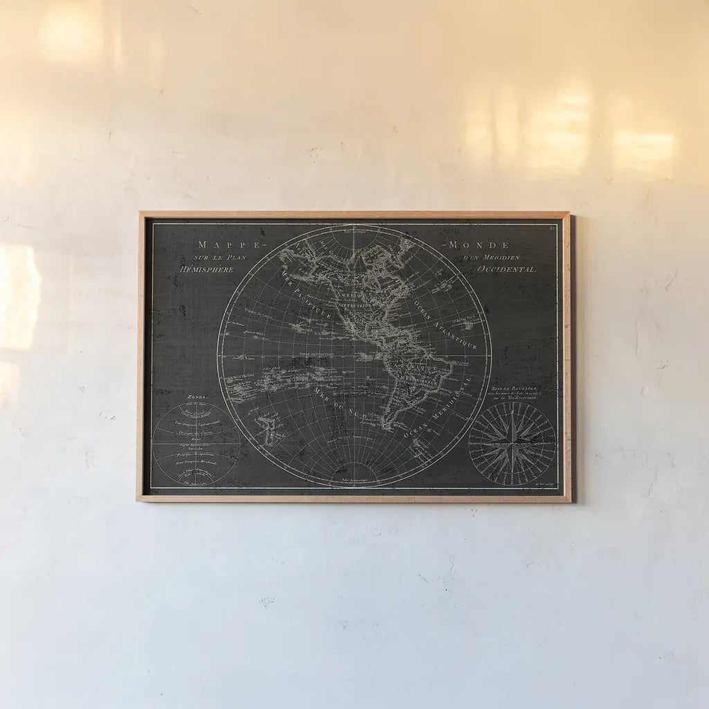 Mappemonde Etching by Wild Apple Portfolio. shown as a paper print in a natural frame. Available as a archival giclee rolled canvas, fine art paper, or poster print. SKU 14536i.