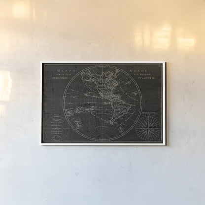 Mappemonde Etching by Wild Apple Portfolio. shown as a paper print in a white frame. Available as a archival giclee rolled canvas, fine art paper, or poster print. SKU 14536i.